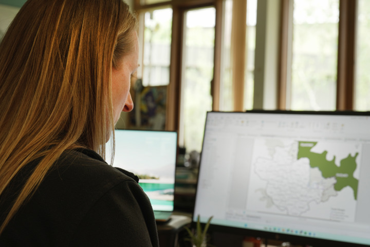A woman with long blonde hair looking at a screen. Areas of the map have been greened out to match data on forest cover